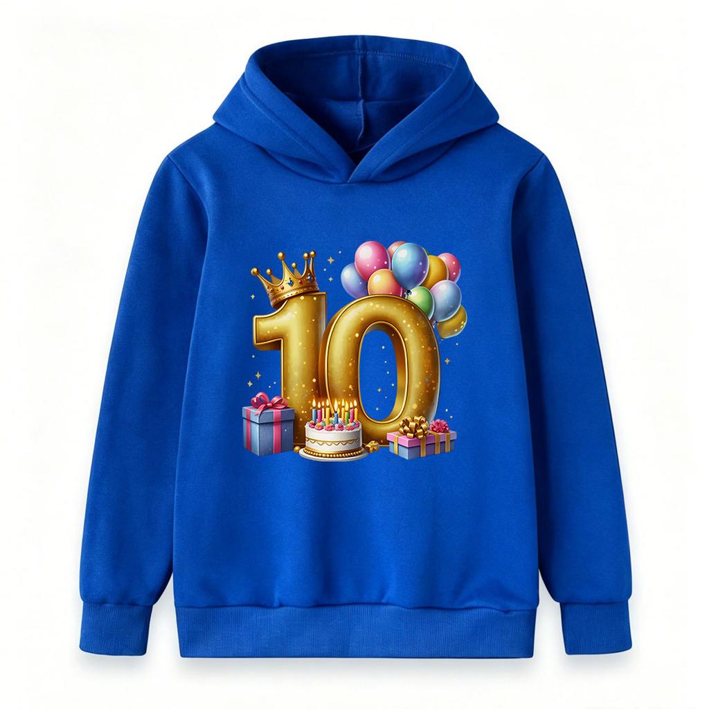 Kids Boys Girls 10th Birthday Hoodie Pullover, Golden Number 10 Crown Balloon Gift Cake Print Casual Hooded Sweatshirt For Birthday Party Gifts