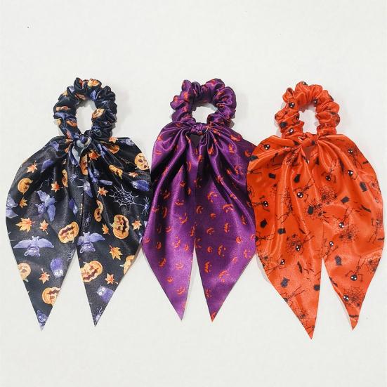 Comfortable Fabric Hair Elastics Halloween Ties for Women Girls, Spooky Spider Web Skeleton Bat Non-damaging Bands Pumpkin Scrunchies, Pleated