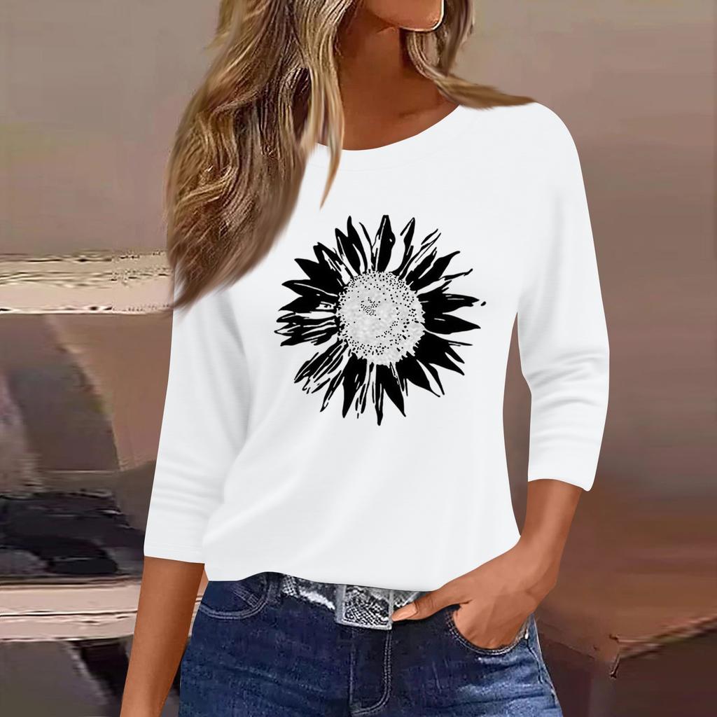 Dámská móda ležérní tričko s kulatým výstřihem, 3/4 rukávem, volným potištěným tričkem, dámský top