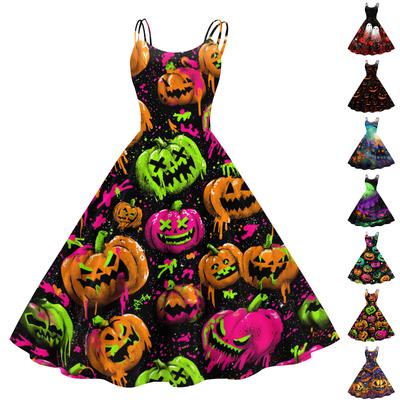 Women Halloween Print Off Shoulder Punk Vintage Dress Sleeveless Spaghetti Strap Fit and Flare Midi Dress for Party