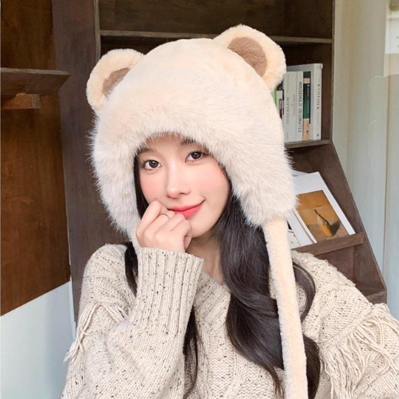 Cute Bear Plush Hat for Women Winter Thickened Fleece Ear Protection Hat Windproof Warm Caps Fall Winter Cold Weather Essentials