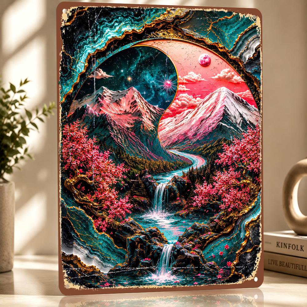 Yin Yang Berglandschaft Kunstposter Retro D Bedruckte Metallschilder Personalisierte Wanddekoration Geschenk für Dekor Raum Wand Deko Zuhause 20x30cm（7.8x11.8inch）