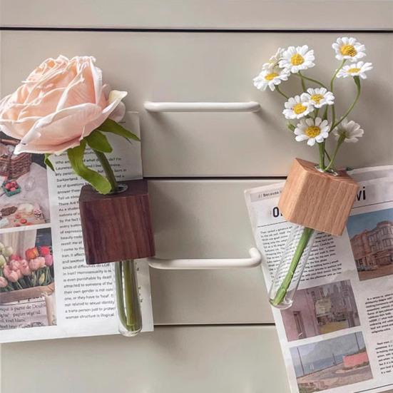 Wooden Refrigerator Magnet with Test Tube Mini Vase Flowers Plants Holder Fridge Magnet Home Office Kitchen Locker