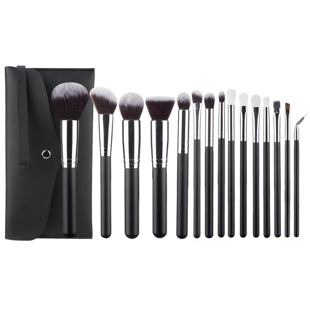 15dílná sada štětců na make-up s dřevěnou rukojetí a úložnou taškou: Zahrnuje štětce na oční stíny a korektor