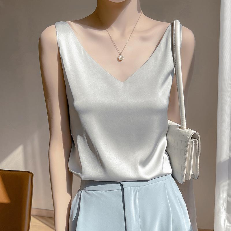 Acetic Acid Satin V-neck Suspender Vest for Women In Summer New Fashionable and Versatile Imitation Silk Inner Sleeveless Top