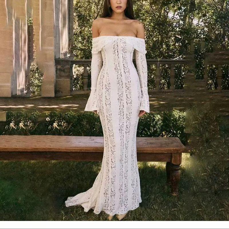 Spring New Women's Clothing Fashion Style French Style Temperament Cut Out off-Shoulder Bow Tie Lace Dress Evening Dress