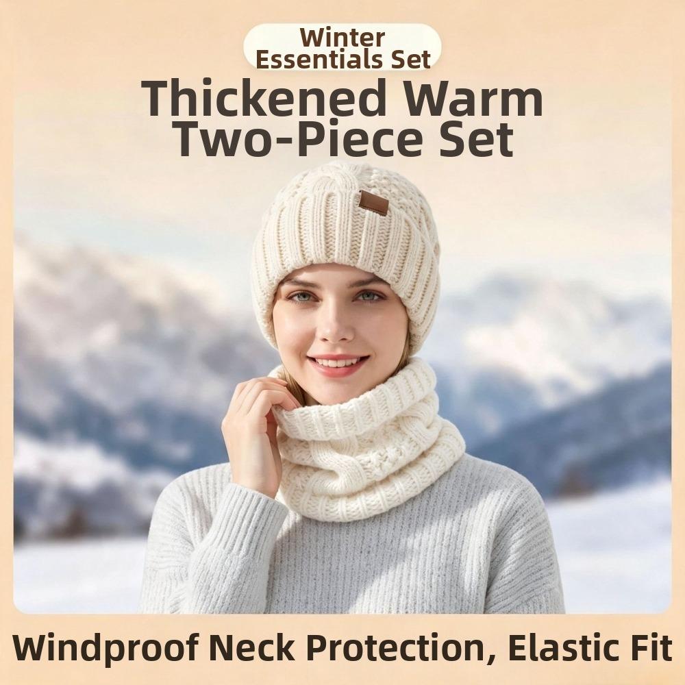 Cable Knit Knit Hat Scarf Set 2-Piece Set Thick Warm Beanie Hat Winter Cap Neck Warmer  Outdoor Use