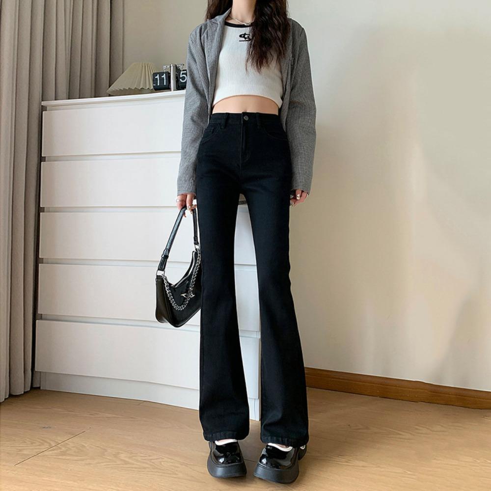 

Korean version of retro high-waisted and thin jeans women s 2025 new autumn and winter slim ins micro-horn jeans S чёрный