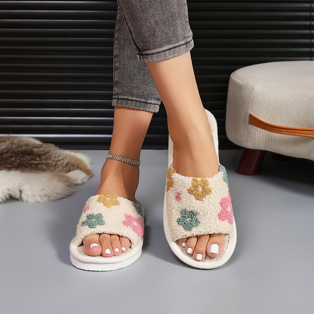 Women's Fashion Open Toe Cotton Slippers with Small Flower for Winter Home and Casual Wear
