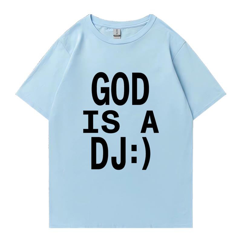 God Is A DJ Print Sommer Oversized T-Shirt Rundhals Herren Damen Kurzarm 100% Baumwolle T-Shirts Rundhals Oversized Unisex Oberteile