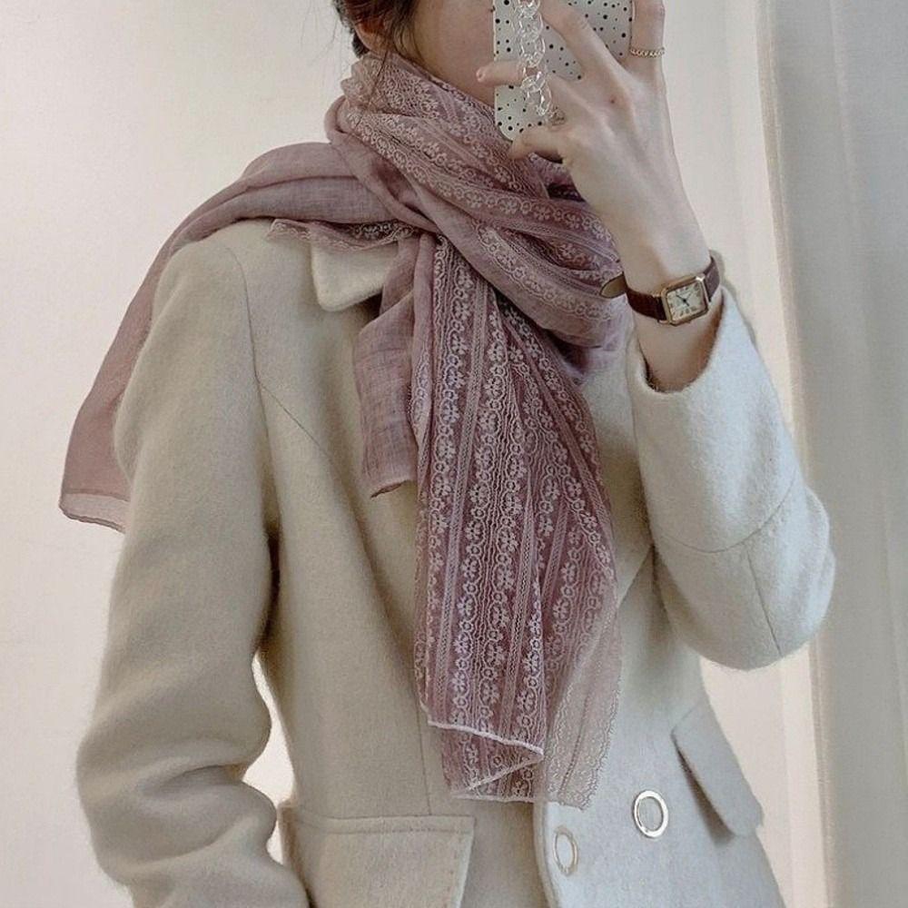 Fashionable Versatile Linen Scarf Thin Elegant Lace Scarf Breathable Sun Protection Silk Scarf Summer Spring Autumn for Women