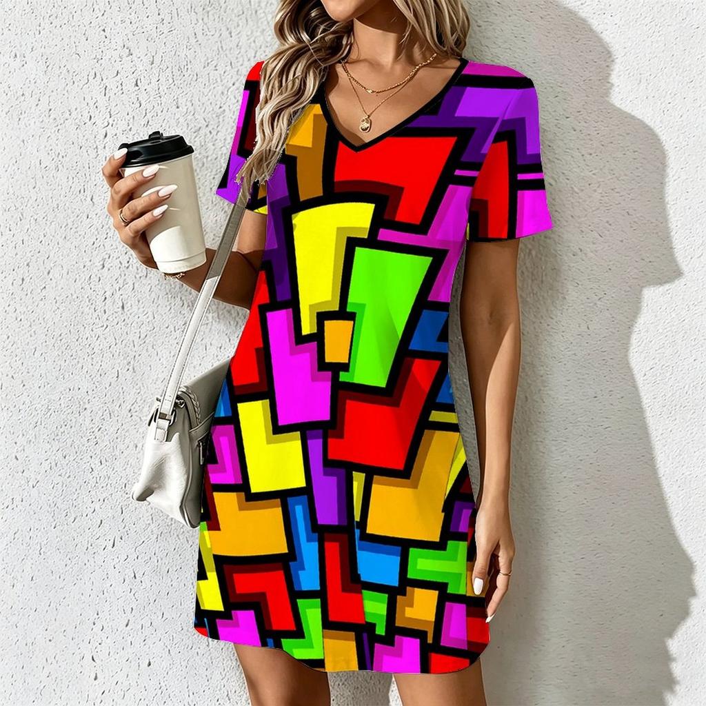 Mode d'été pour femmes Robe à col en V à manches courtes avec imprimé géométrique rétro Jupe courte sexy Robes