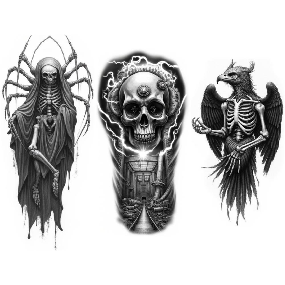 3pcs Temporary Tattoo Waterproof Long-lasting Body Stickers Owl And Skull Skeleton Bird Skull With For Men Thighs Adults