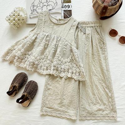 Girls' Summer 2026 Embroidered Mesh Tank & Wide-Leg Pants Set