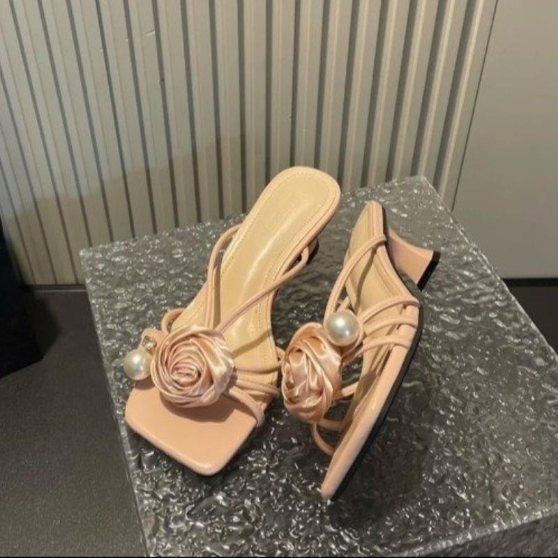 Fashion Shoes Slippers Women Summer Slides Thin Heels Fashion Heeled Mules Flower Low Pantofle Luxury High 2025 Rome Rubber Floral Fabri