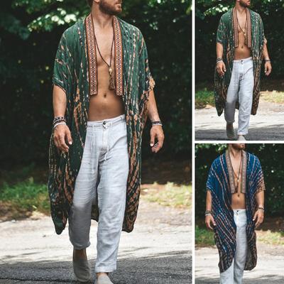Men Beach Coat Retro Style Mid-Length Loose Fit Printing Sun Protection Jacket Open Front Long Outwear