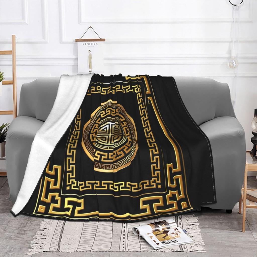 Greek Key Meander Black Gold Large Blankets Velvet Spring/Autumn Portable Super Soft Throw Blanket for Sofa Car Bedspread