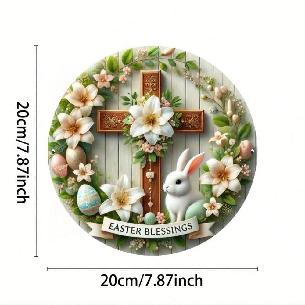 1pc 20cm Easter Bunny Metal Wall Art Vintage Floral Round Sign Rustic Home Decor