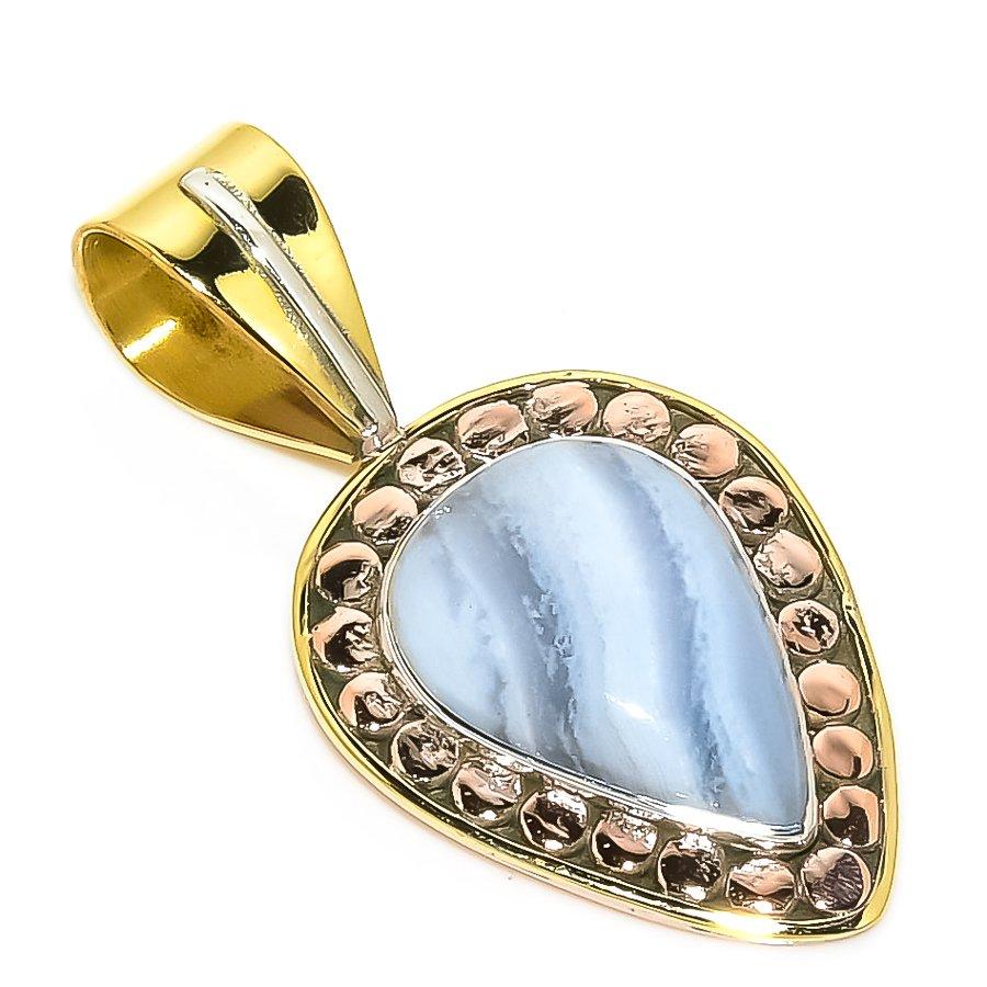 

Natural Blue Lace Agate Two Tone 925 Solid Sterling Silver Pendant 1.50 A4J12