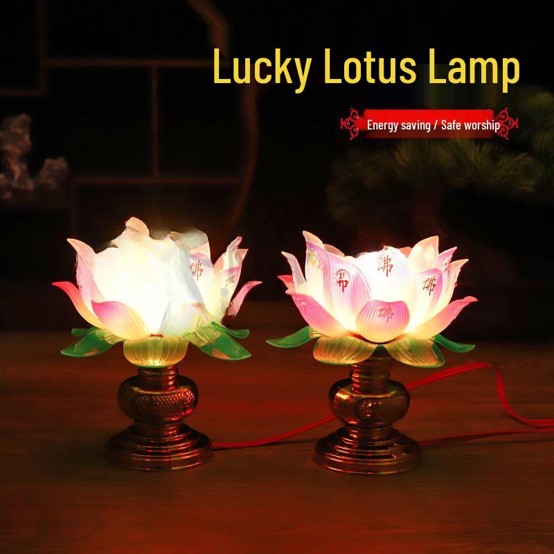 Seven-Color Plug-In Lotus Buddha Altar Offering Lamp with Eternal Light