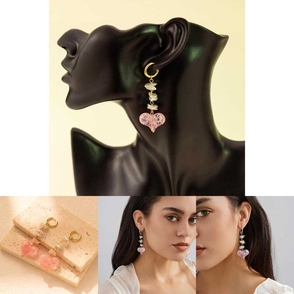 Stylish Pink Heart And Geometric Earrings With Electroplated Details For Elegant Women