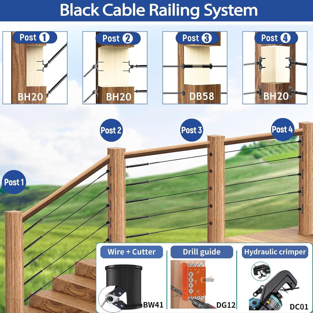 Black Cable Railing Kit, T316 Stainless Steel 1/8” Swage Toggle Turnbuckle Hardware for Wood Posts, Stair Deck Cable Railing System,