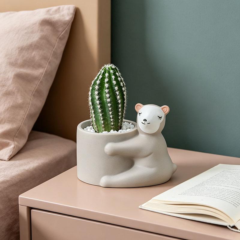 Cartoon Ceramic Planter Pot, Small Succulent Cactus Flowerpot, Cute Green Plant Desktop Decoration for Home