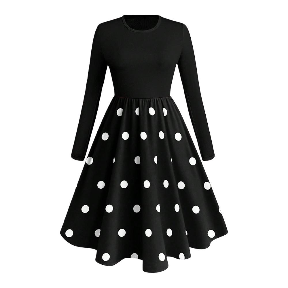 Plus Size Women's Hepburn Style Polka Dot A-line Dress with Round Neck and Long Sleeves