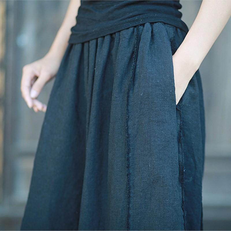 Johnature Women Vintage Solid Color Wide Leg Pants Elastic Waist Patchwork Trousers Spring Chinese Style Long Pants