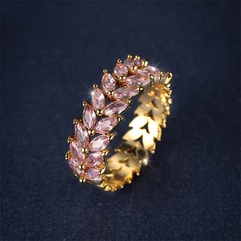 Luxury Female Green Pink Leaf Zircon Jewelry Gold Color Engagement Rings For Women Charm Bride Vintage Promise Wedding Bands