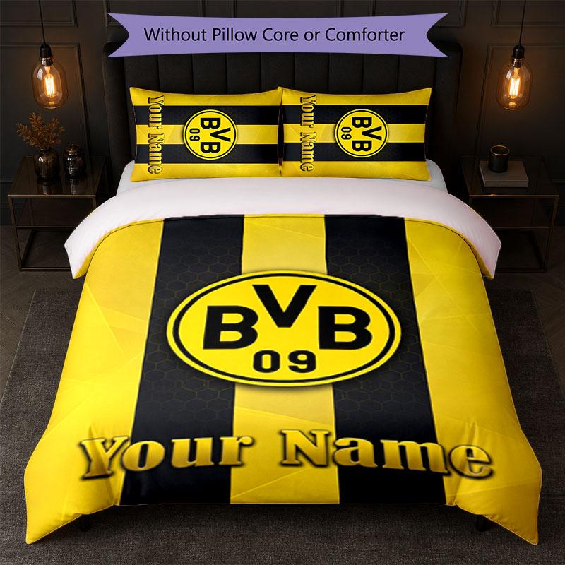 Borussia Dortmund Custom Name Text Bedding Set 1 Duvet Cover+2 Pillowcases Soccer Logo Personalized Gift For Special Occasion Bedroom Decor