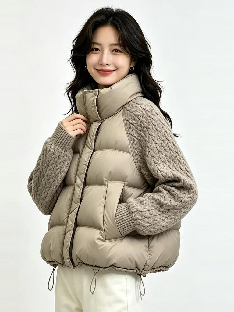 European and American knitted sleeves splicing down jackets women's short winter fashion stand-up collar warm white duck down tops are popular