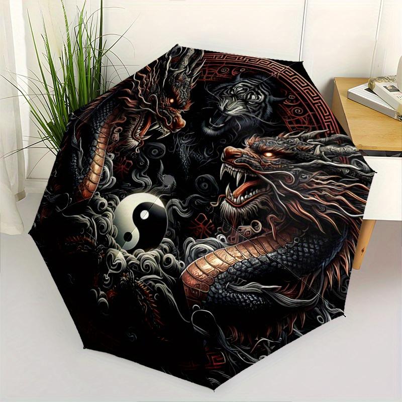 1pc Yin and Yang Dragons Fully Automatic Folding Portable Umbrella, 8 Iron Frames, Three-Fold Design, Suitable for All Seasons, Suitable for Outd