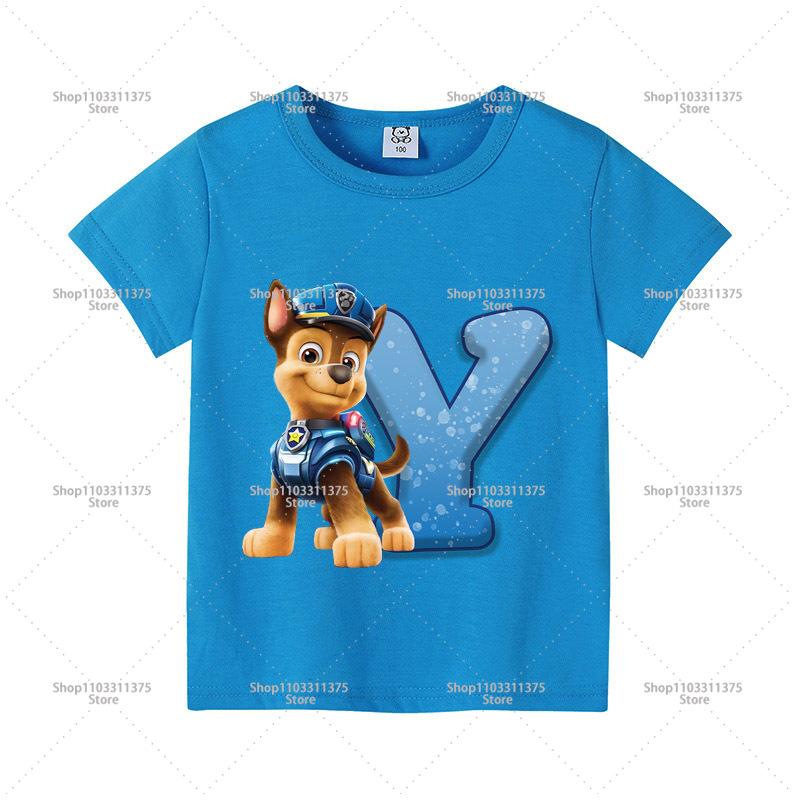 Cute PAW Patrol Blue T-shirt Boys Clothes Letter A-Z Printed Short Sleeve Cartoon Fashion Kids Birthday Toddler Cotton Tops Gift