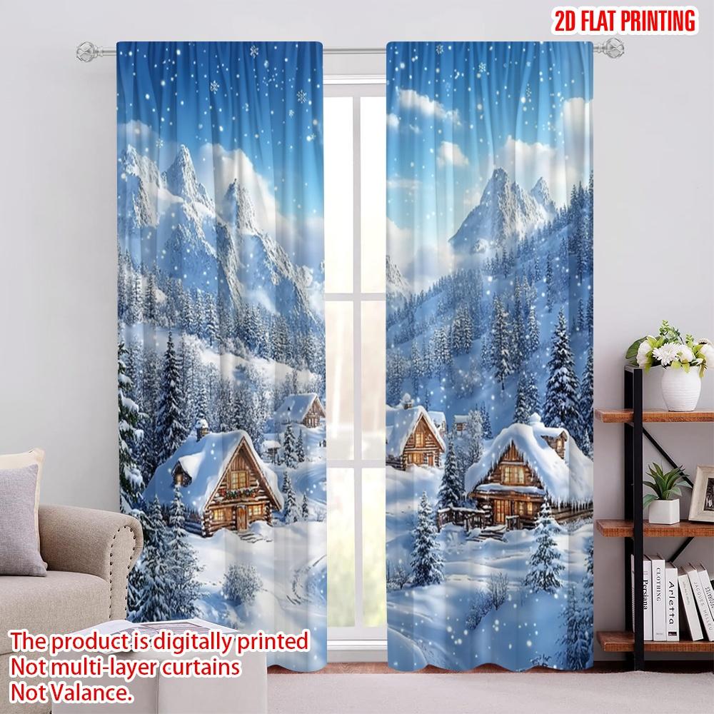 

Set Of 2 Flat Printing Merry Christmas Popular Curtain Huts Snow Cover Polyester Without Electricity Festive Holiday Curtains Made W100*H70(CM)-Grommet top&1PCS