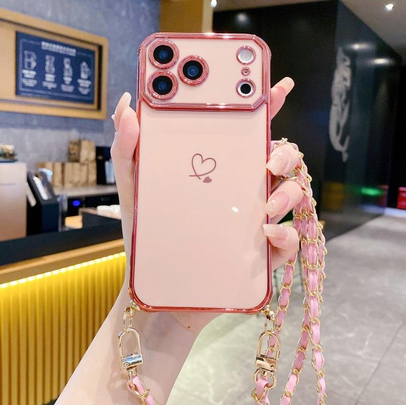 

Metal Strap Case For iPhone 17 Pro Max Lanyard 16 14 13 15 Plus Air Crossbody Plating Love Camera Protector Shockproof Cover for iPhone 16 Plus