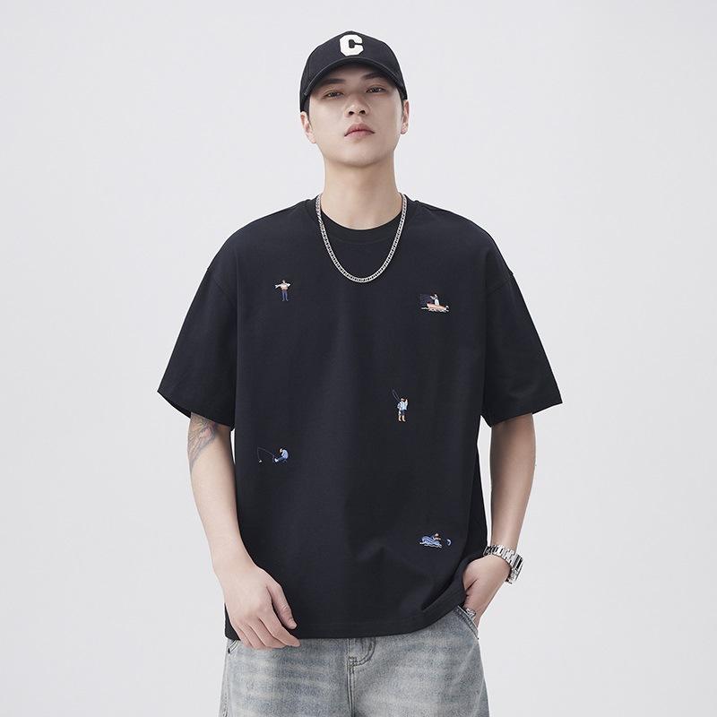 

Новая летняя японская футболка из рыхлого хлопка 260 г с забавной маленькой круглой горловиной и вышивкой 4XL чёрный