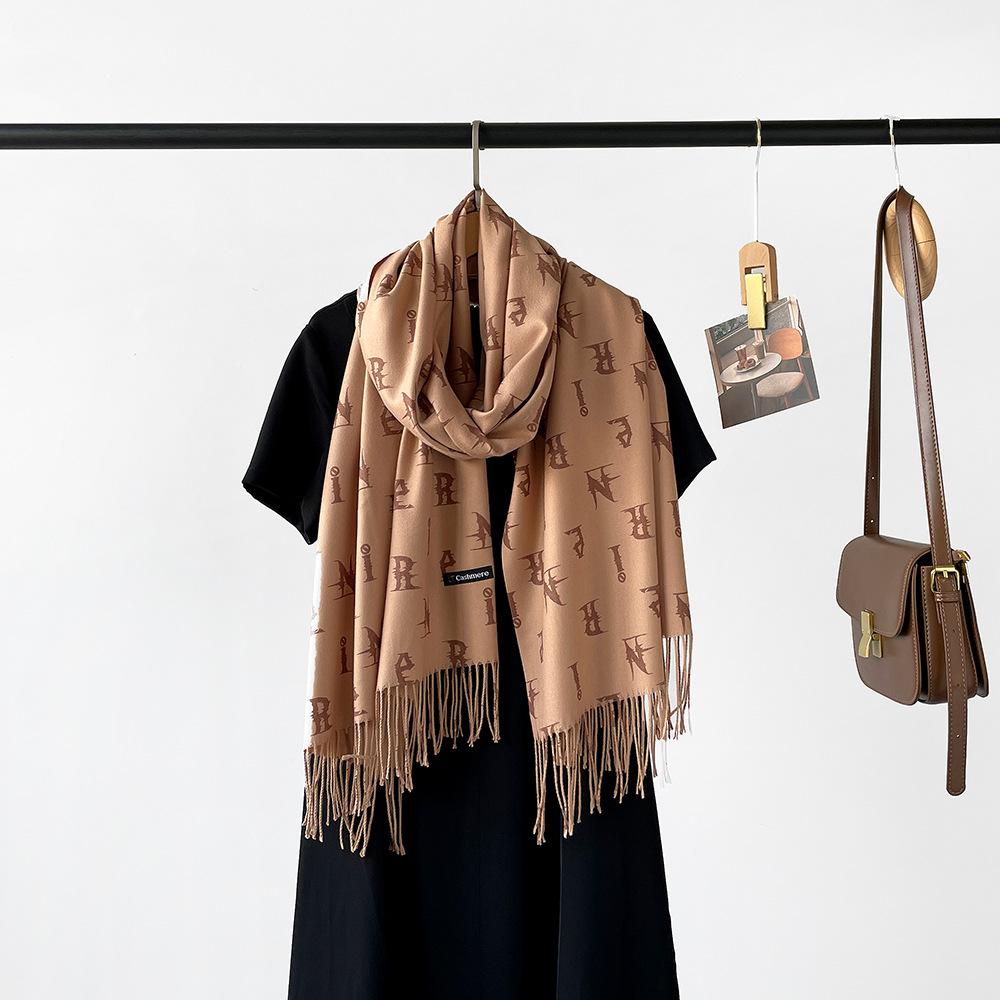 New digital printing imitation cashmere scarf women's letter printing tassel warm extended coffee shawl