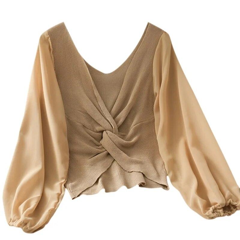 

Дизайнерский вязаный шифоновый топ с V-образным вырезом и перекрестным узлом с открытым пупком One Size