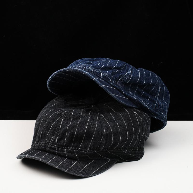 Hat Female Small Fresh Striped Octagonal Hat British Retro Artistic Painter Hat Cowboy Newsboy Hat