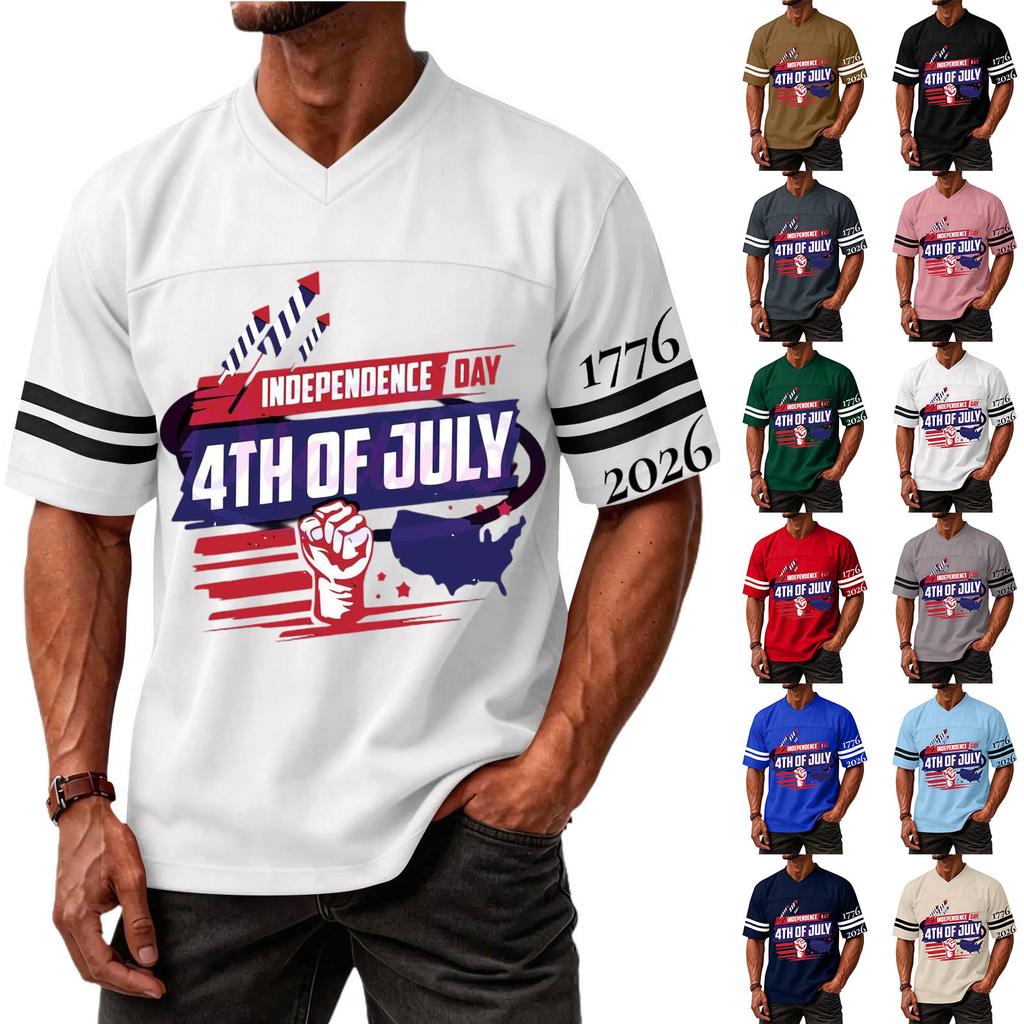Men's Casual V Neck Short Sleeve Athletic Shirt Independence Day Graphic Print 4th of July Sports Tee Top Lightweight Breathable