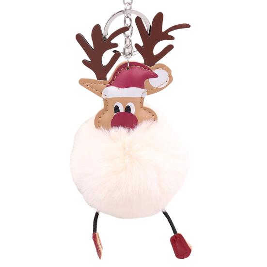 Christmas Deer Keychain Cute Reindeer Pom Pom Keyring Faux Fur Fluffy Plush Ball Charm for Handbag Backpack Purse Accessory