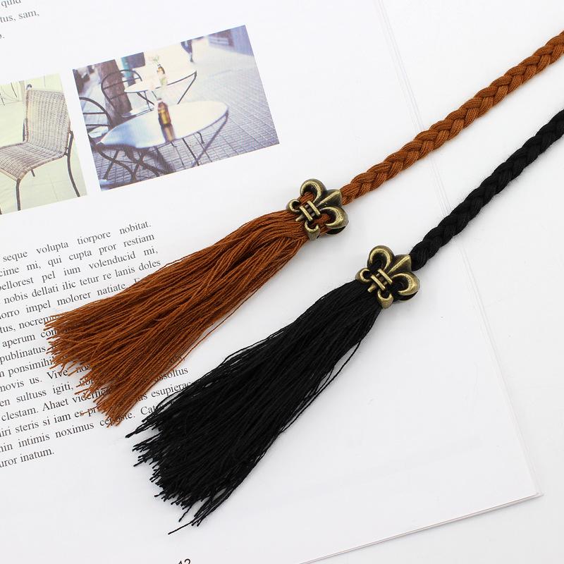 Women'S Ethnic Style Knotted Decorative Woven Belt Thin Dress Long Tassel Women'S Pure Handmade Waist Chain