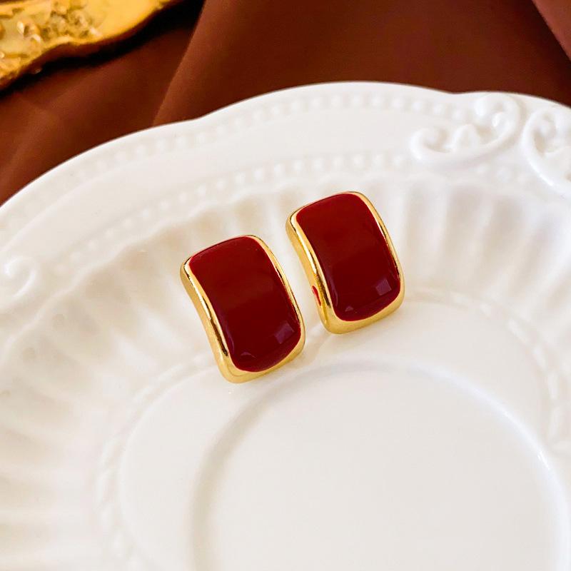 Small Dripping Oil Square Geometric Silver Needle Stud Earrings Fashion Temperament Commuter Earrings