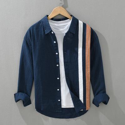 Foreign Trade Surplus Personalized Color-Blocking Linen Shirt for Men, Long-Sleeve, Thin and Breathable, Artistic Trendy Shirt for Spring and Autumn