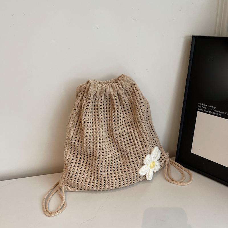 

Yogodlns Fashion Solid Color Floral Decor Crochet Shoulder Bag Woven Women Beach Holiday Bucket Hollow Out Large Capacity Backpack 36x38cm хакі