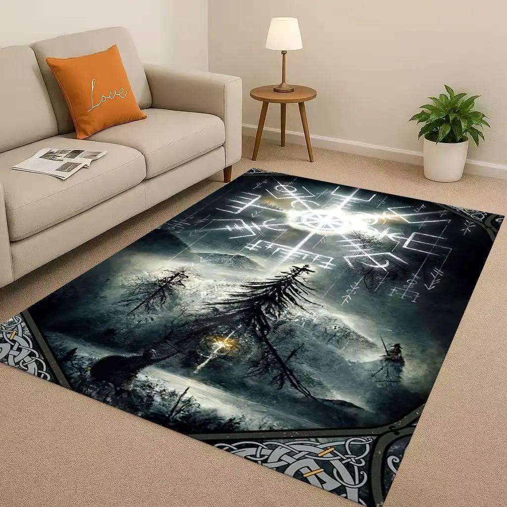 3D severský vikingský totem Vegvisir runa Valhalla Valknut Protiskluzový koberec do obývacího pokoje Měkký koberec do ložnice k pohovce, Domácí rohožka