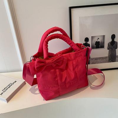 Solid Color Simple Bow 2025 Winter New Large-capacity Embroidery Thread Checkered Space Bag Cotton Clothes Shoulder Women's Bag Bag