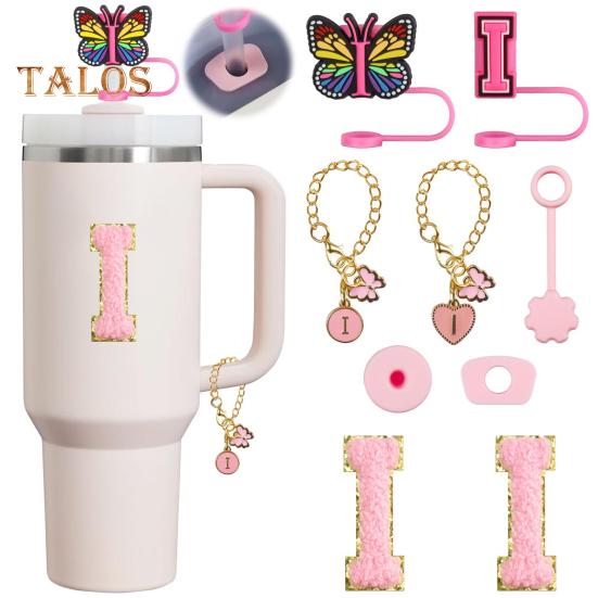 Set de dop de paie portabil de 9 buc. Accesorii pentru paie cu litere, design fluture, pentru cești de 30 oz 40 oz, capace reutilizabile din silicon pentru capace de paie.