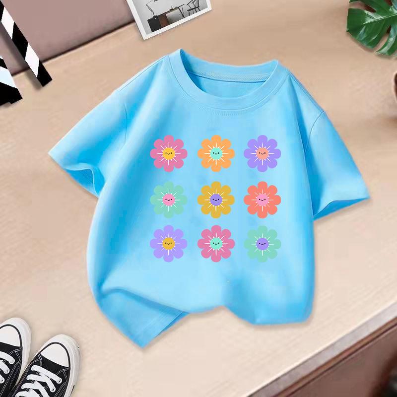 Children T-shirt FlowerPrinted Kids 100% Cotton Clothes Tops 2-13Y O-Neck Short-sleeve T-shirt